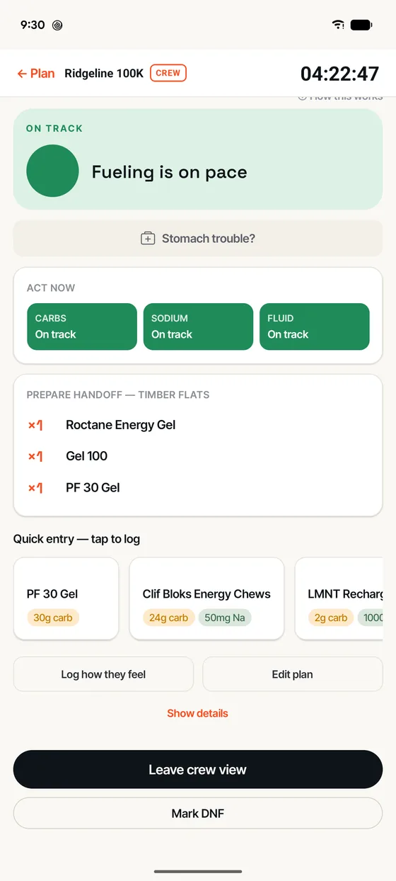 The same race on a crew member's phone, showing what to prepare for the next aid station