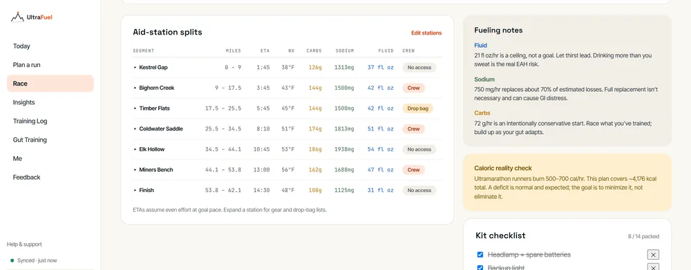 The race plan on the web: an aid-station table listing each segment with its mileage, arrival time, forecast temperature, carbs, sodium, fluid, and whether crew can reach that station